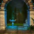 Old fountain in the dark woods Royalty Free Stock Photo